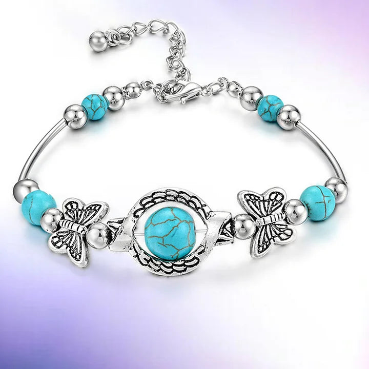 Retro Simple Steel Ball Turquoise Butterfly Beaded Bracelet