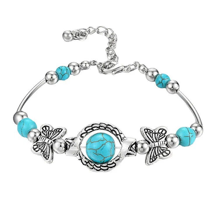 Retro Simple Steel Ball Turquoise Butterfly Beaded Bracelet