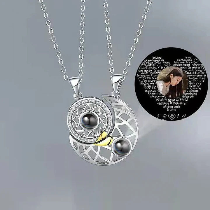 Sun Moon Projection Necklace Text or Photo Customization Necklace Micro Carving