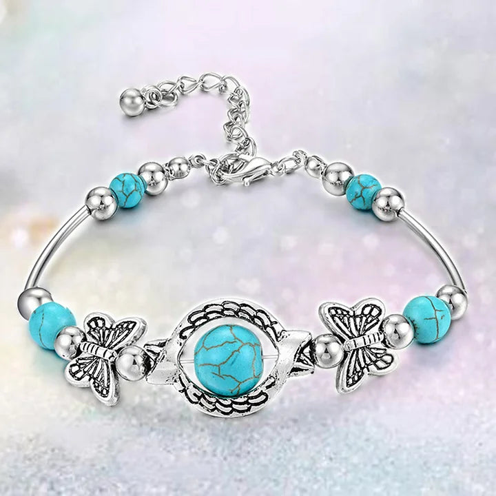 Retro Simple Steel Ball Turquoise Butterfly Beaded Bracelet