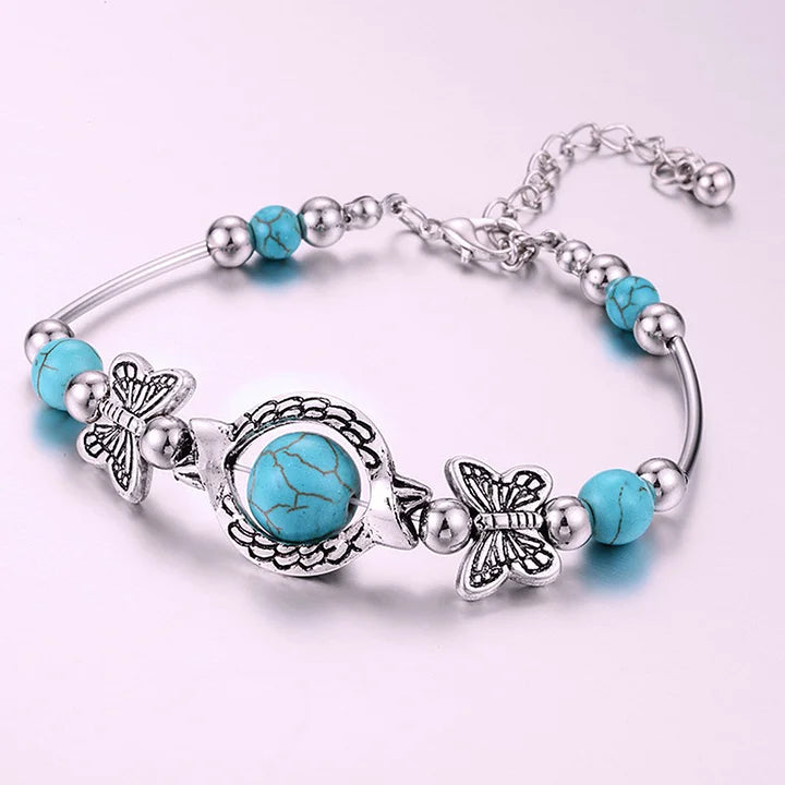 Retro Simple Steel Ball Turquoise Butterfly Beaded Bracelet