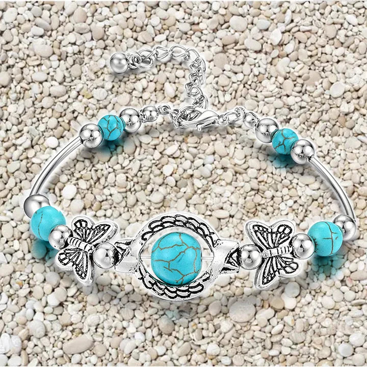 Retro Simple Steel Ball Turquoise Butterfly Beaded Bracelet