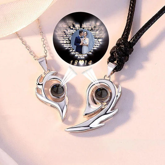 Photo customization projection necklace couple splicing pendant male and female pair angel wings wings magnetic stones that attract each other